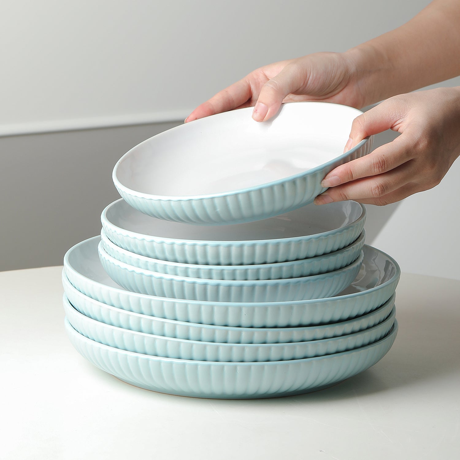 mercvo mercvoware Dinnerware mercvo in Teal - Service for 4 or 8, Ceramic/Porcelain, Ribbed Design, Stackable