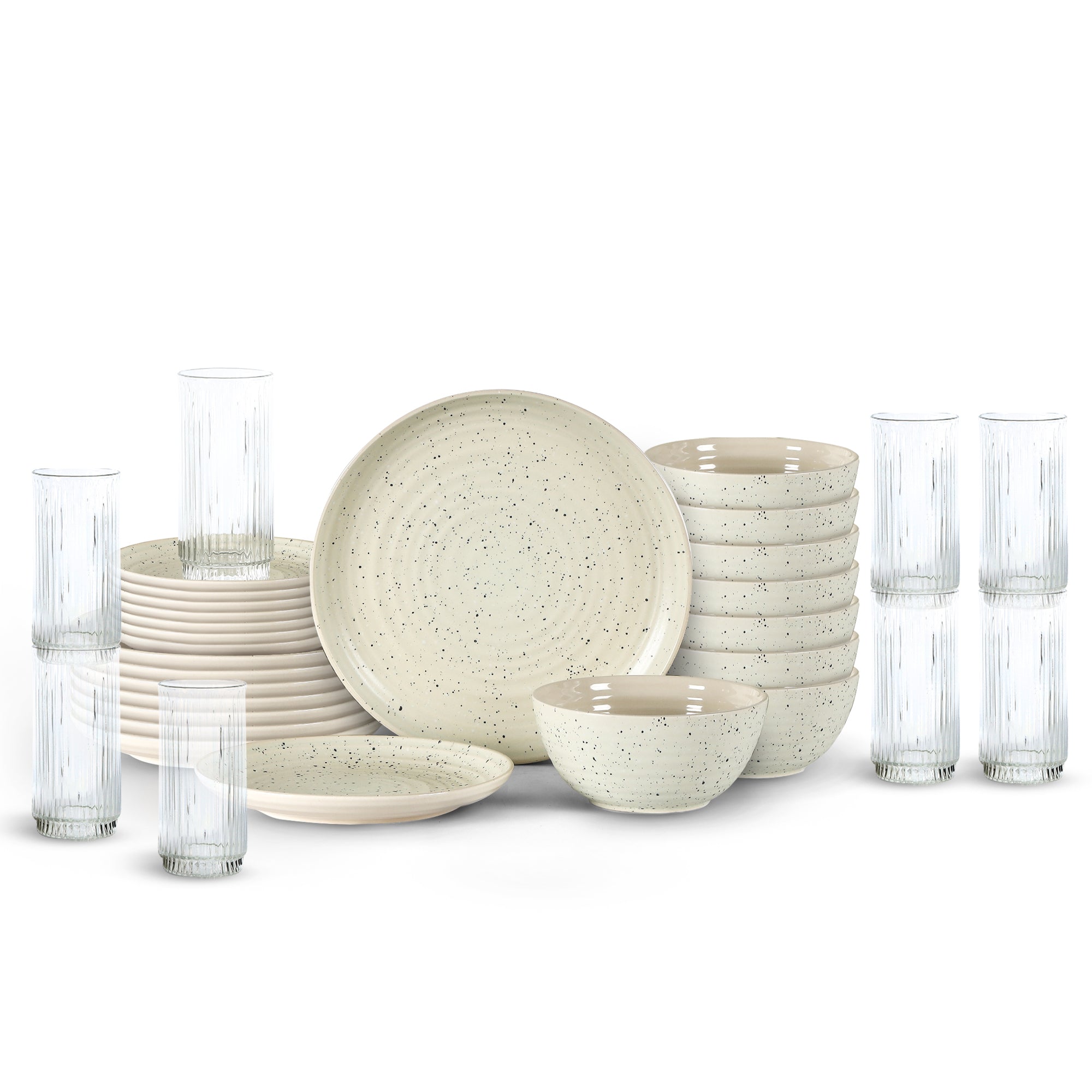 mercvo Lain mercvo mercvoware 16 - Piece Dinnerware mercvo with Glassware in White and Black Speckles - Ideal for Daily and Special Occasions