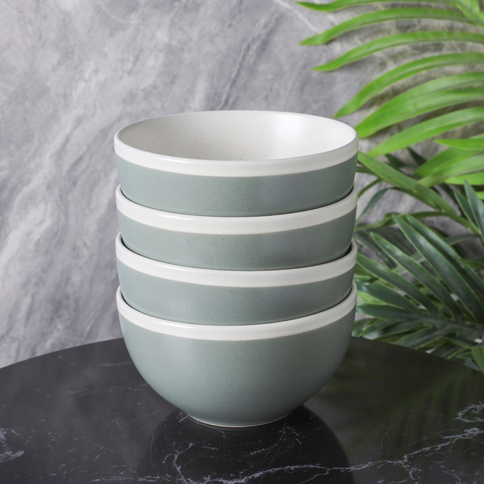 mercvo mercvoware Bowl - Green And Cream: 4 - Piece Ceramic mercvo with Muted Green Exterior, White Interior, Stackable Design for Versatile Dining