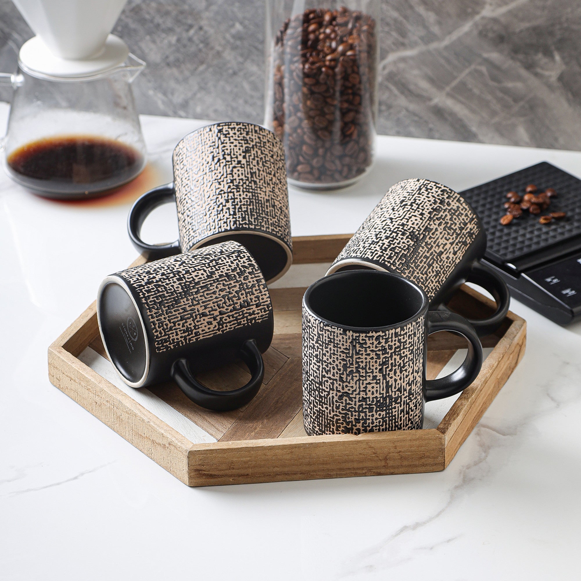 mercvo mercvoware Mug mercvo - 4 Piece Brown And Black Ceramic Mugs with Intricate Pattern for Hot Beverages