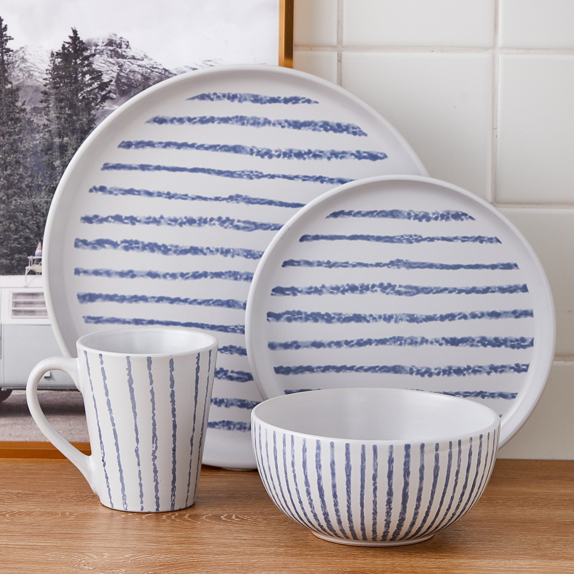 mercvo mercvoware Dinnerware mercvo - Blue: Ceramic or Porcelain mercvo with Blue Stripes, Service for 4 or 8, Ideal for Daily Use and Gatherings