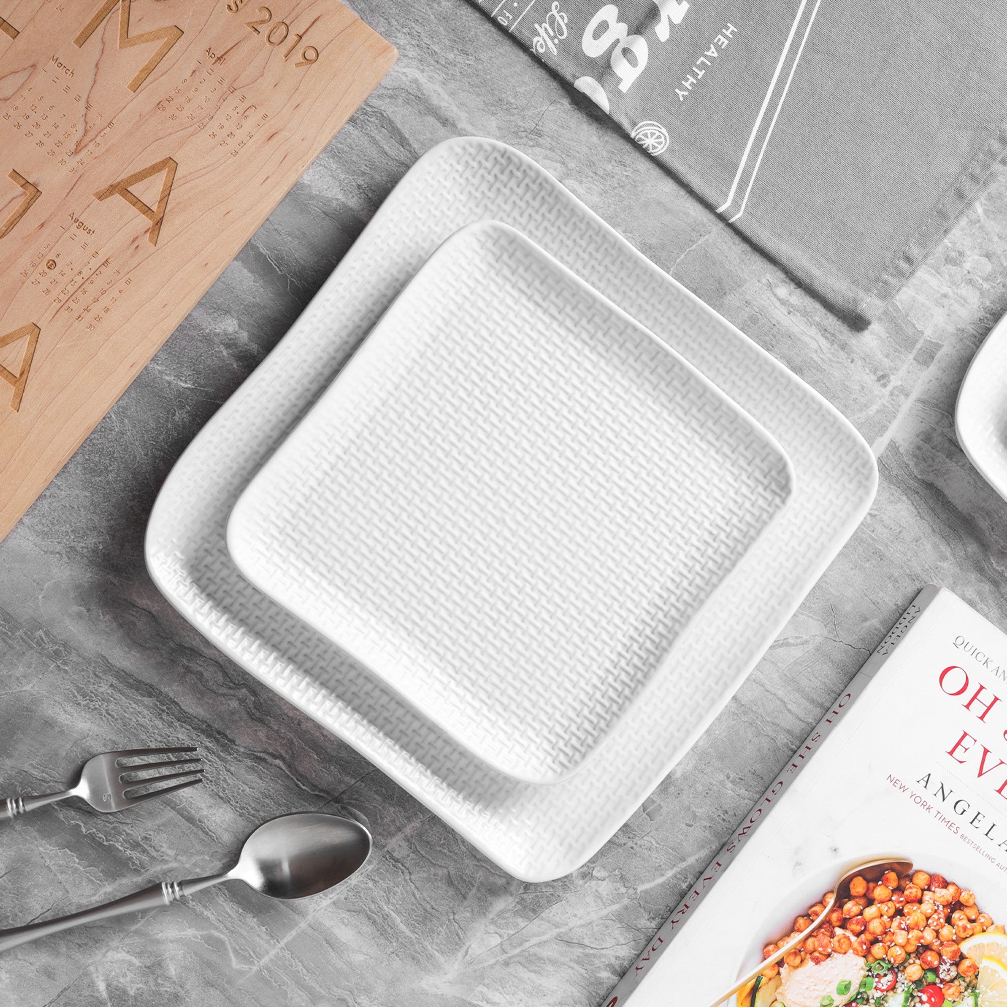 mercvo mercvoware Salad Plate mercvo - White, 4 Piece, Ceramic/Porcelain with Woven Pattern, Ideal for Various Dining Occasions