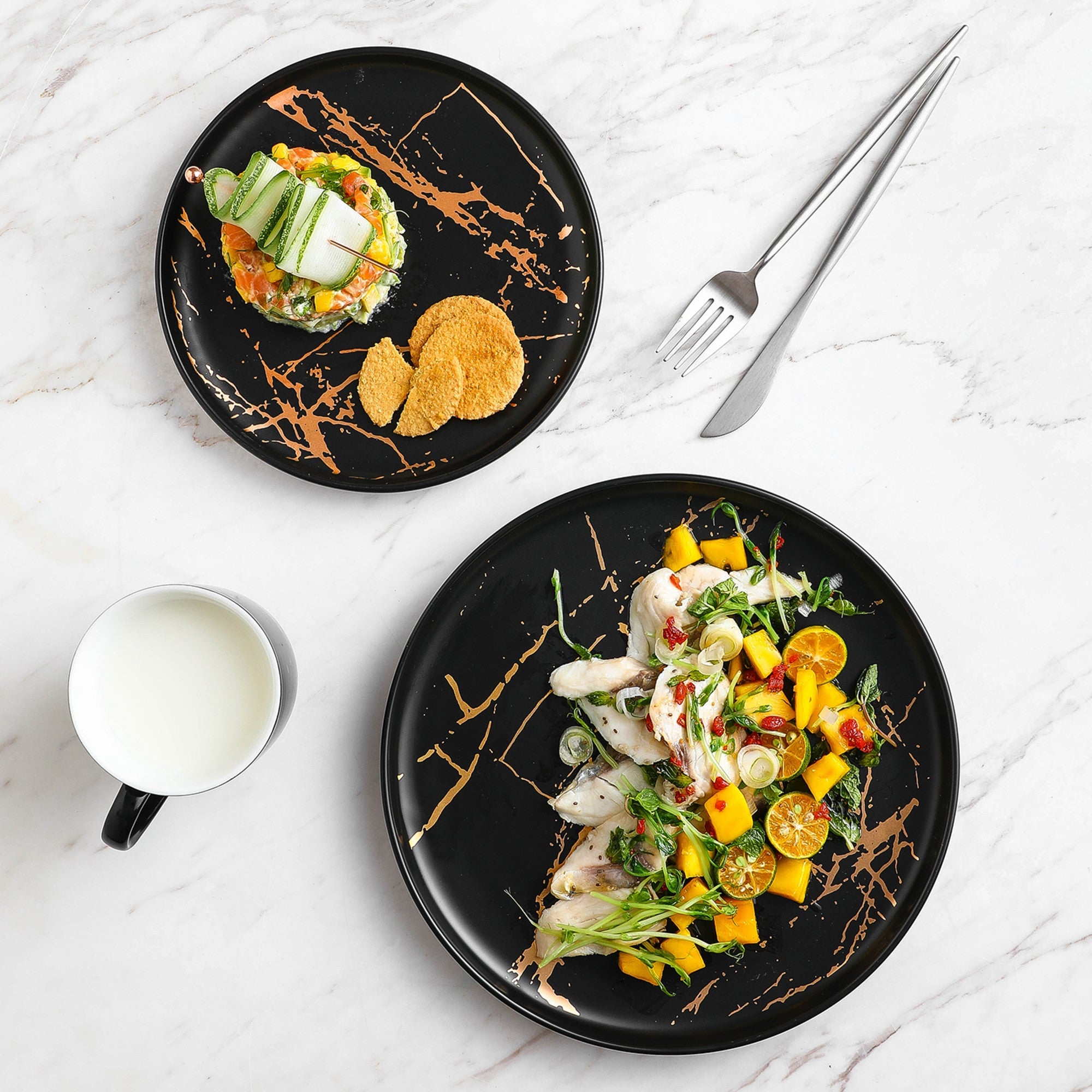 mercvo Porcelain Salad Plate - Black mercvo of 4 with Gold Marbling, Dishwasher Safe & Stylish for Dining & Decor
