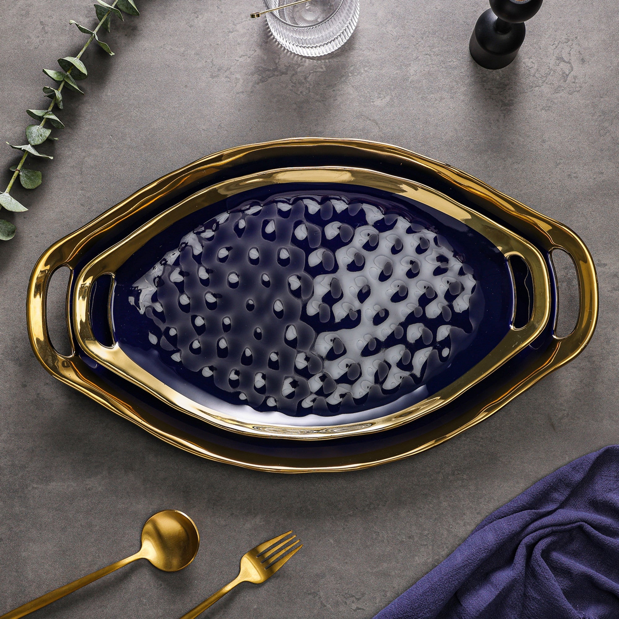 mercvo Porcelain Service Plate mercvo – Blue #2: Luxury Nested Serving Platters with Gold Accents and Textured Design