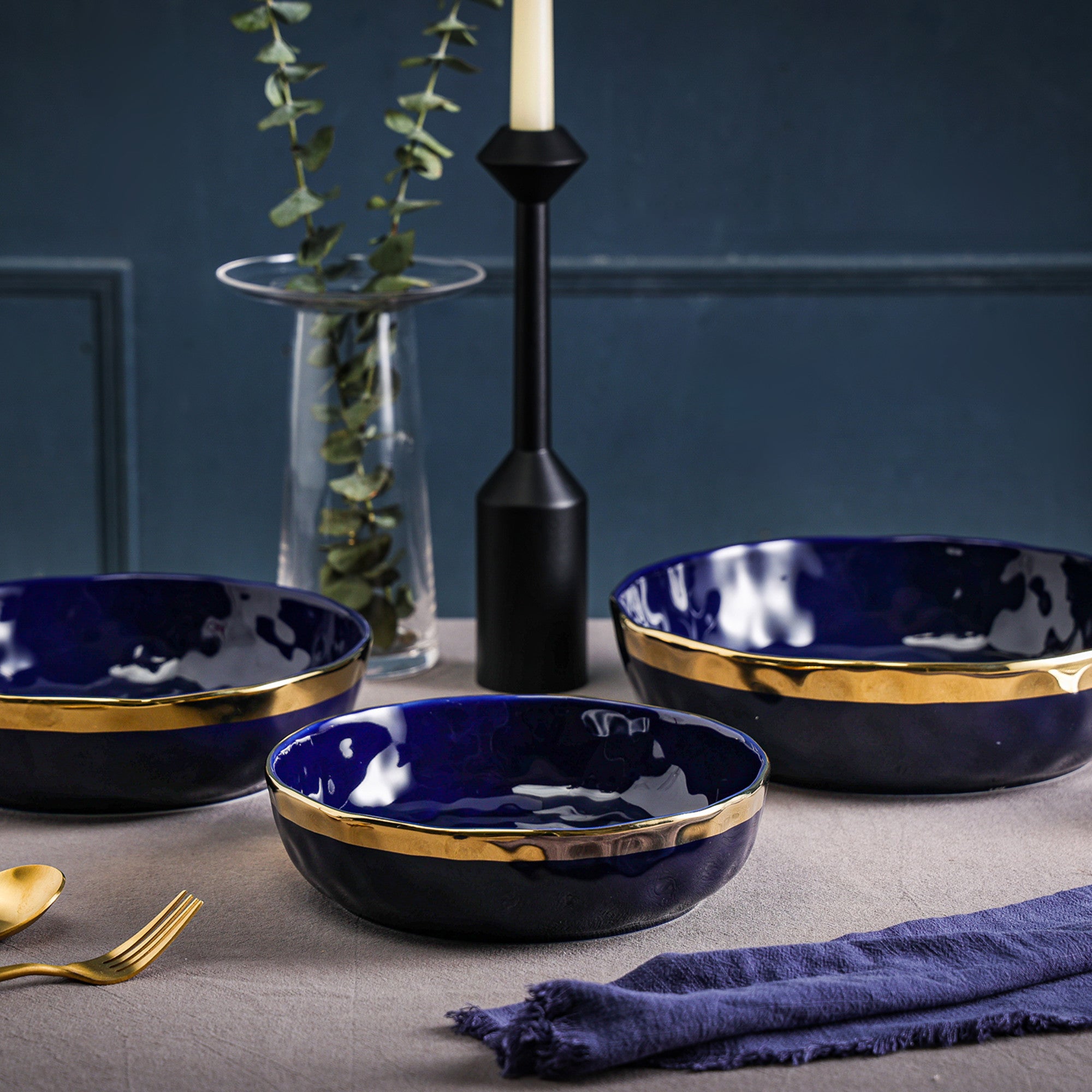 mercvo Porcelain Service Bowl mercvo - Blue | High - Quality Ceramic Bowls with Gold Accent | Multiple Sizes for Dining & Special Occasions