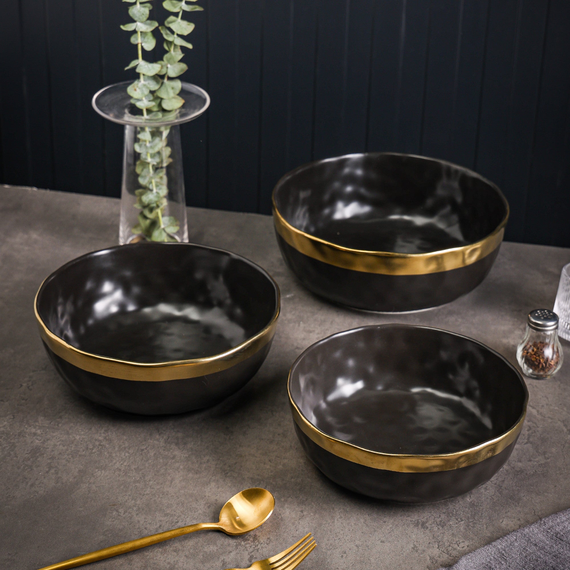 mercvo Porcelain Service Bowl mercvo - Black #2: Three - Size Ceramic Bowls with Gold Trim, Stackable & Versatile for Any Dining Occasion