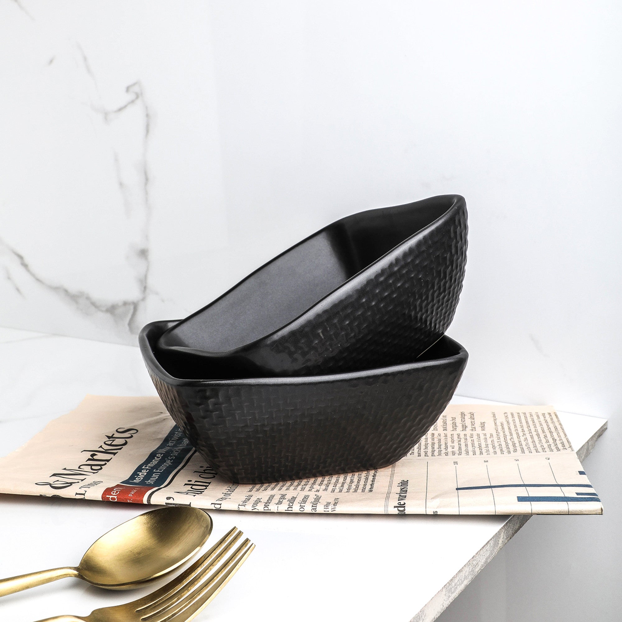 mercvo mercvoware Bowl - Black mercvo of 4 Square Ceramic Bowls with Embossed Weave Design, Dishwasher & Microwave Safe