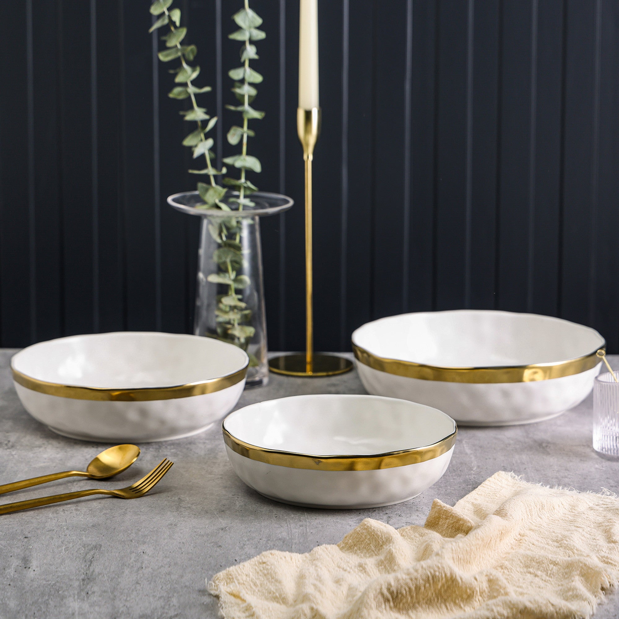 mercvo Porcelain Service Bowl mercvo - White: 3 - Piece Nested Ceramic Bowls with Gold Trim for Dining, Serving & Decor