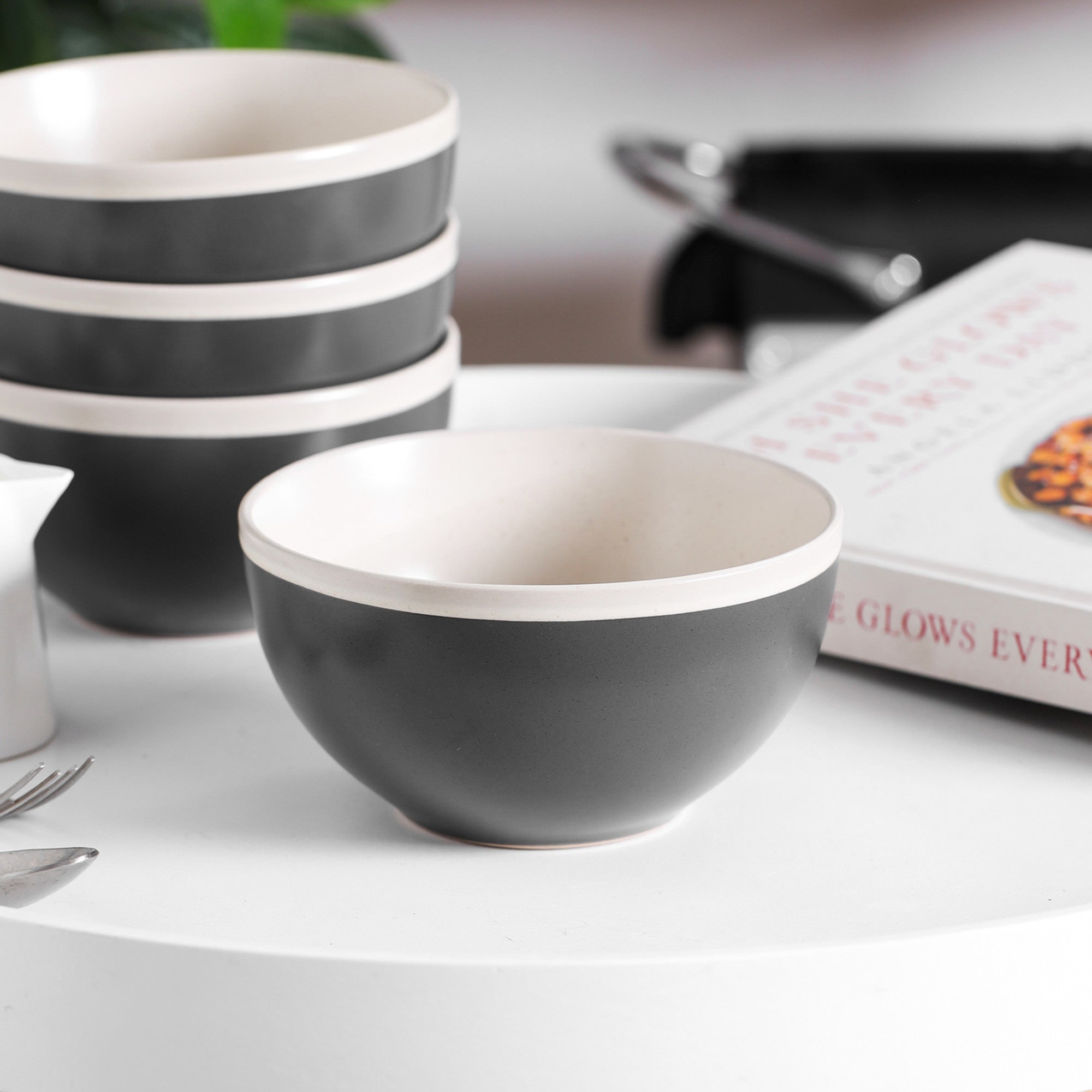 mercvo mercvoware Bowl - Dark Gray And Cream: 4 - Piece Ceramic mercvo for Modern Dining, Ideal for Everyday Use and Stackable Storage