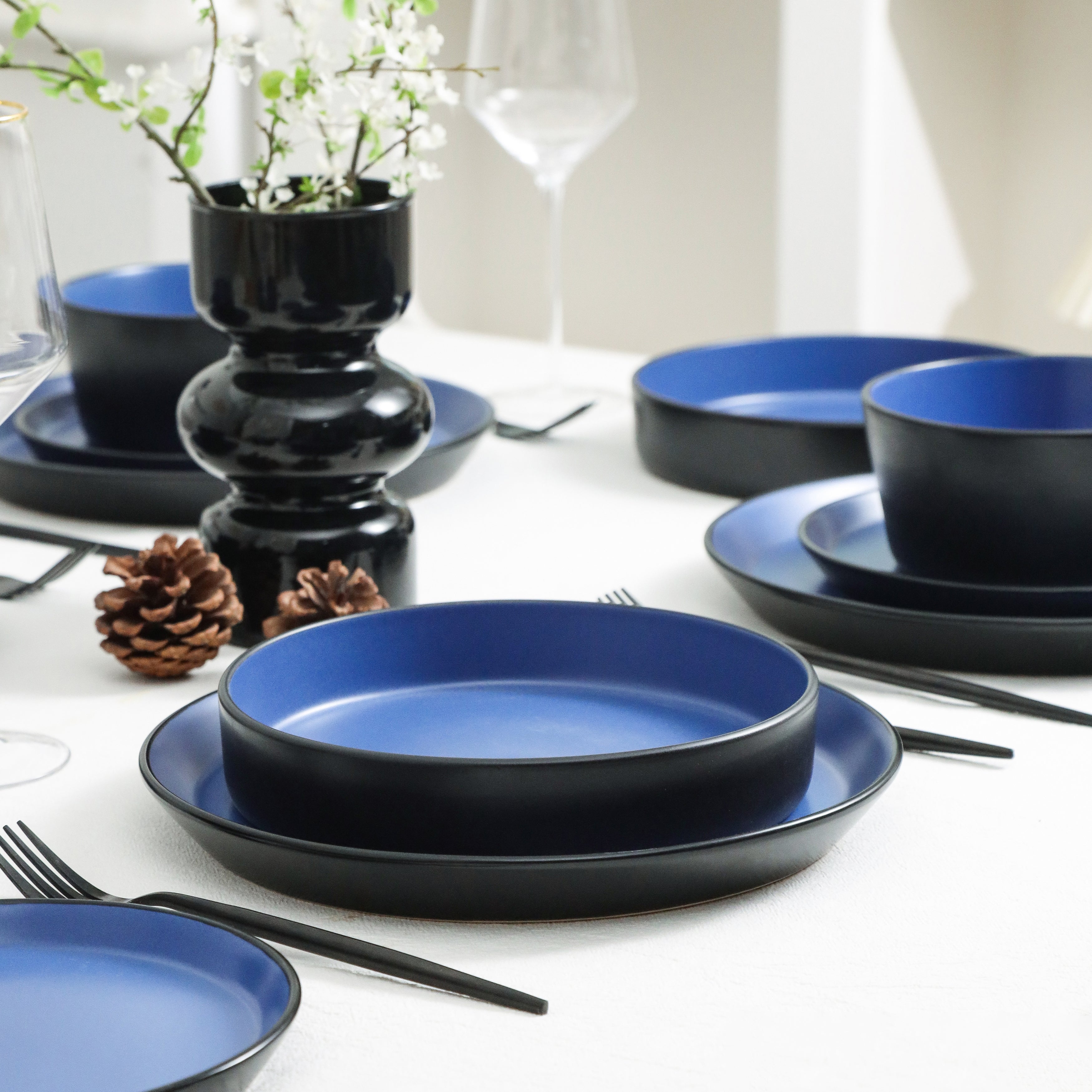mercvo mercvoware Pasta Bowl - Blue And Black: High - Quality Ceramic Tableware mercvo with Nesting Feature for Casual and Formal Dining