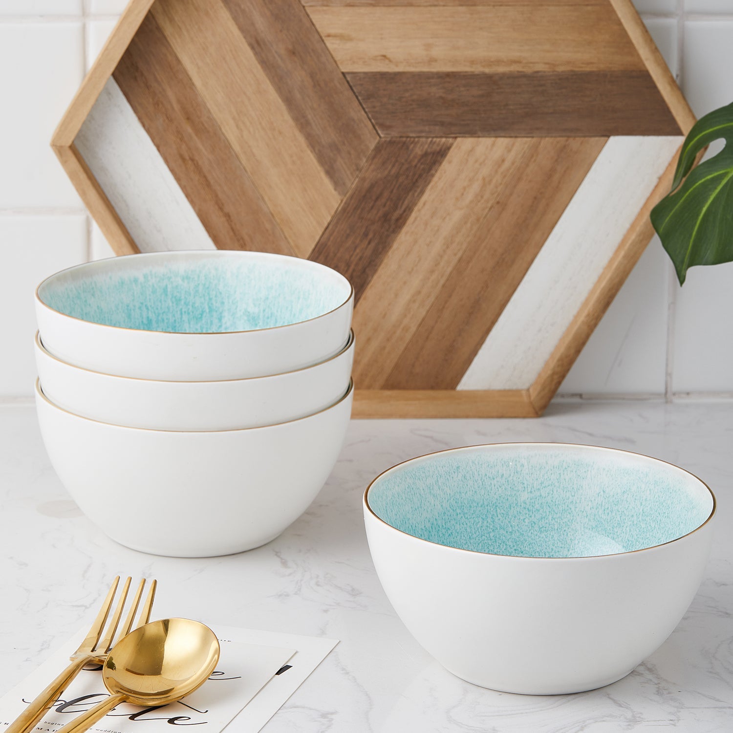 mercvo Porcelain Dinnerware mercvo - Mint: Premium Ceramic mercvo with Blue Speckled Interior and Gold Accents, mercvoilable for Service of 4 or 8