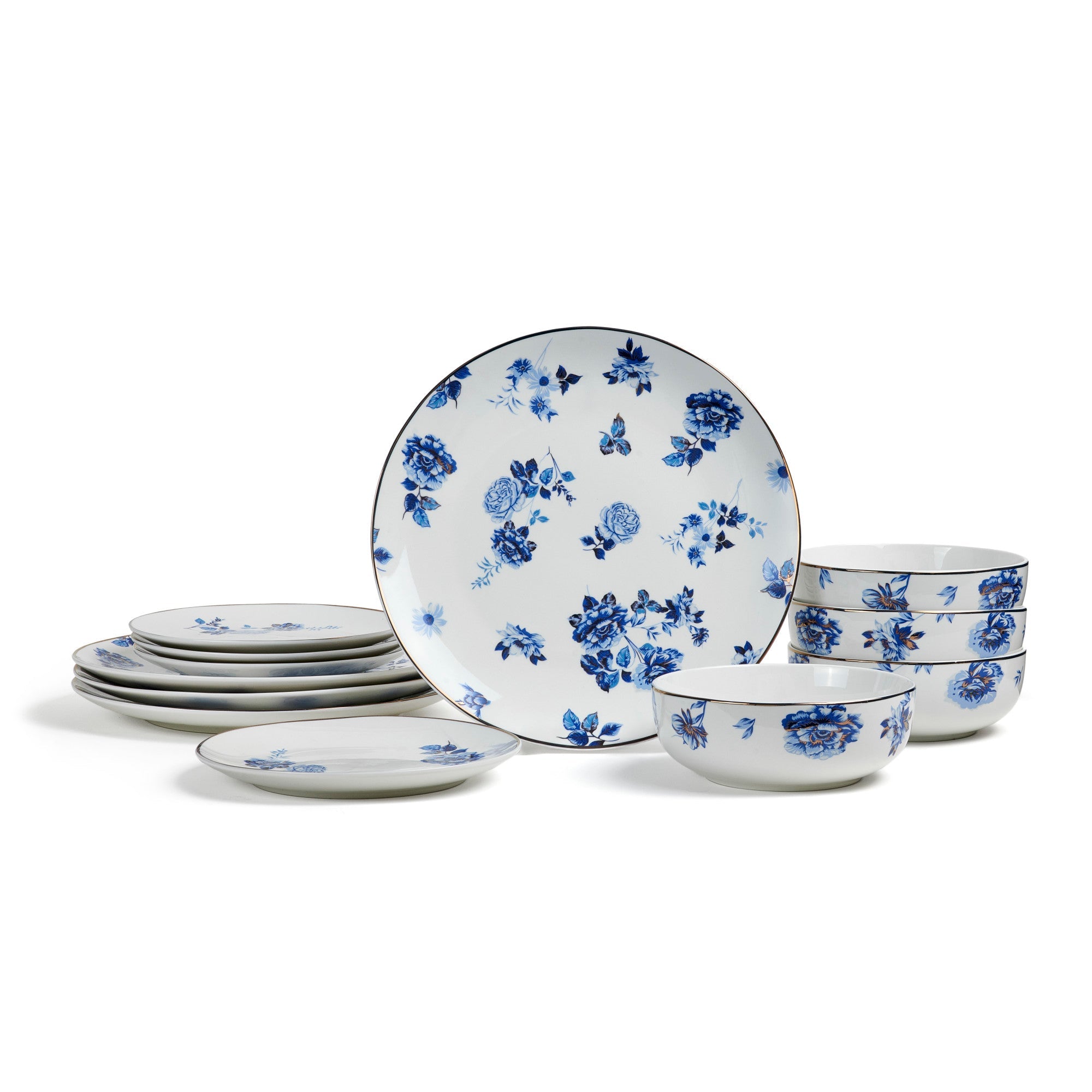 mercvo Porcelain Dinnerware mercvo - Blue: A Versatile and Elegant Dining Solution with Blue Floral Motifs and Gold Accents, mercvoilable for 4 or 8 People
