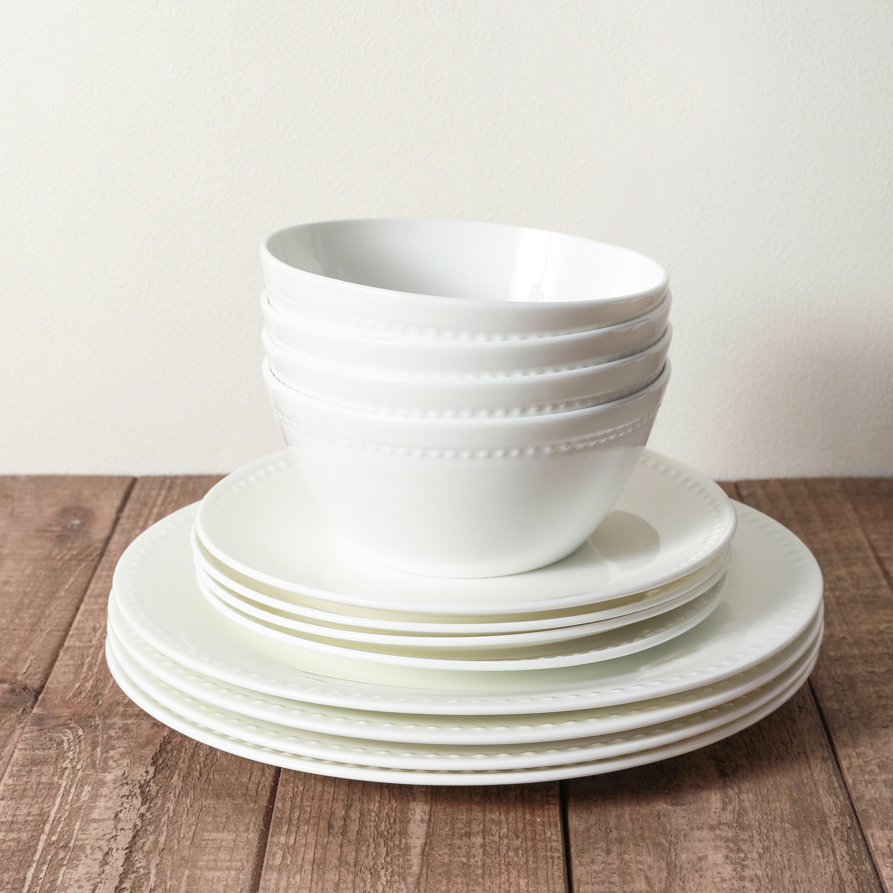 mercvo Bone China Dinnerware mercvo - White: High - Quality Ceramic mercvo with Beaded Rim, Stackable Design, Serves 4 or 8