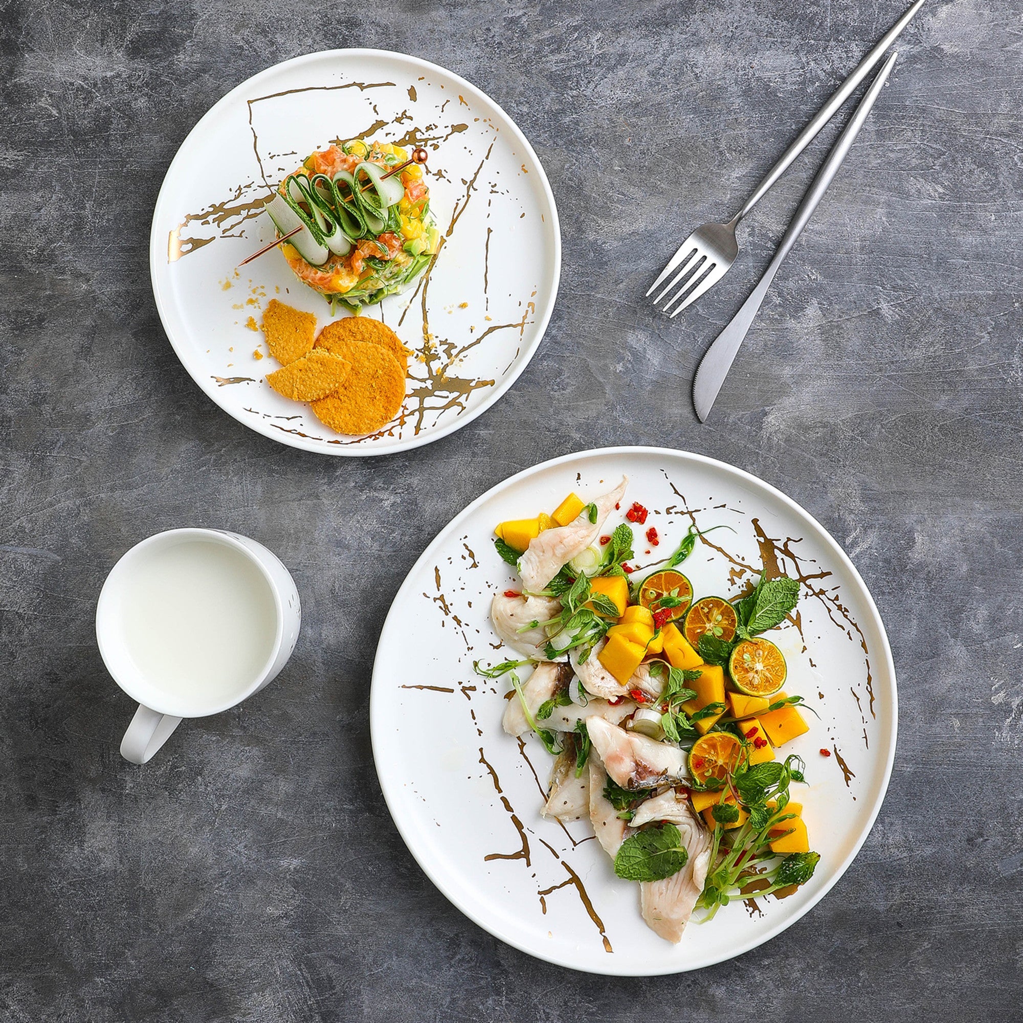 mercvo Porcelain Salad Plate - White | 4 - Piece mercvo with Marbled Metallic Design for Everyday & Special Occasions