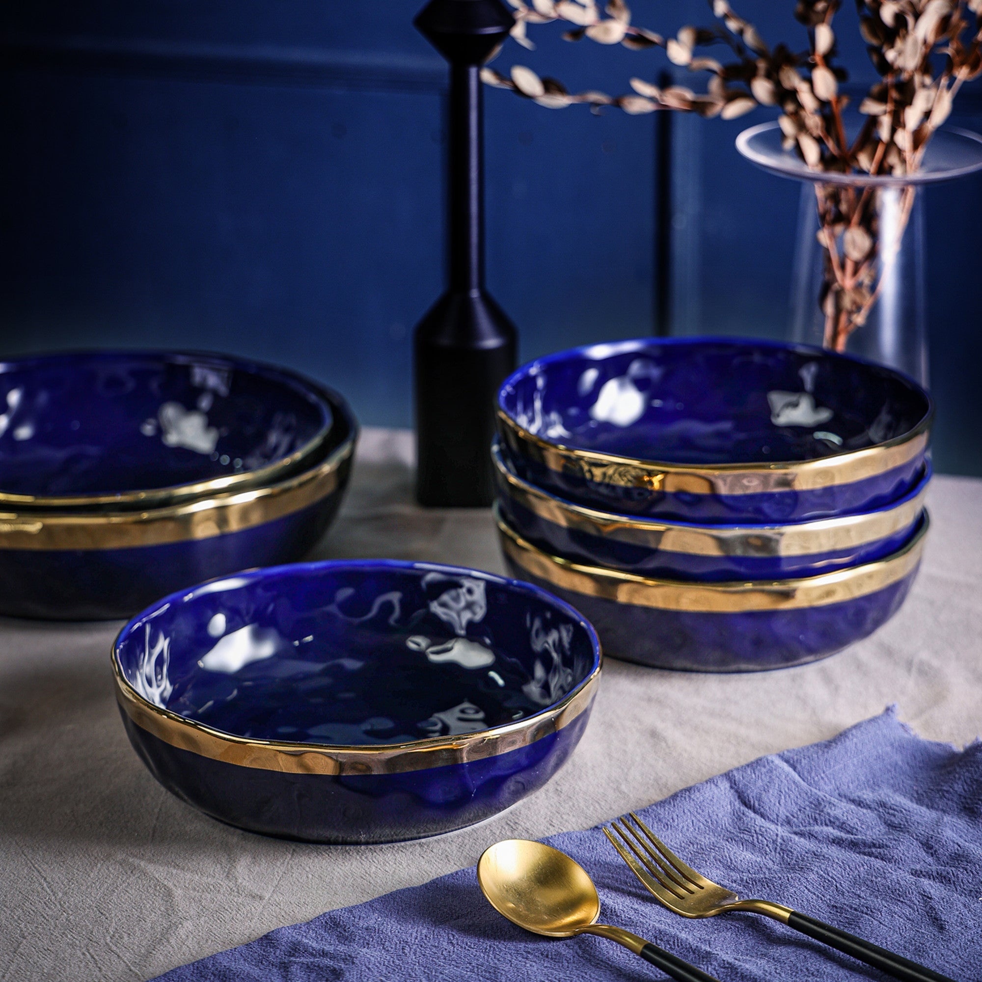 mercvo Porcelain Pasta Bowl – Blue: High – Quality Ceramic Tableware with Gold Rim, Stackable, Ideal for Dining and Decor