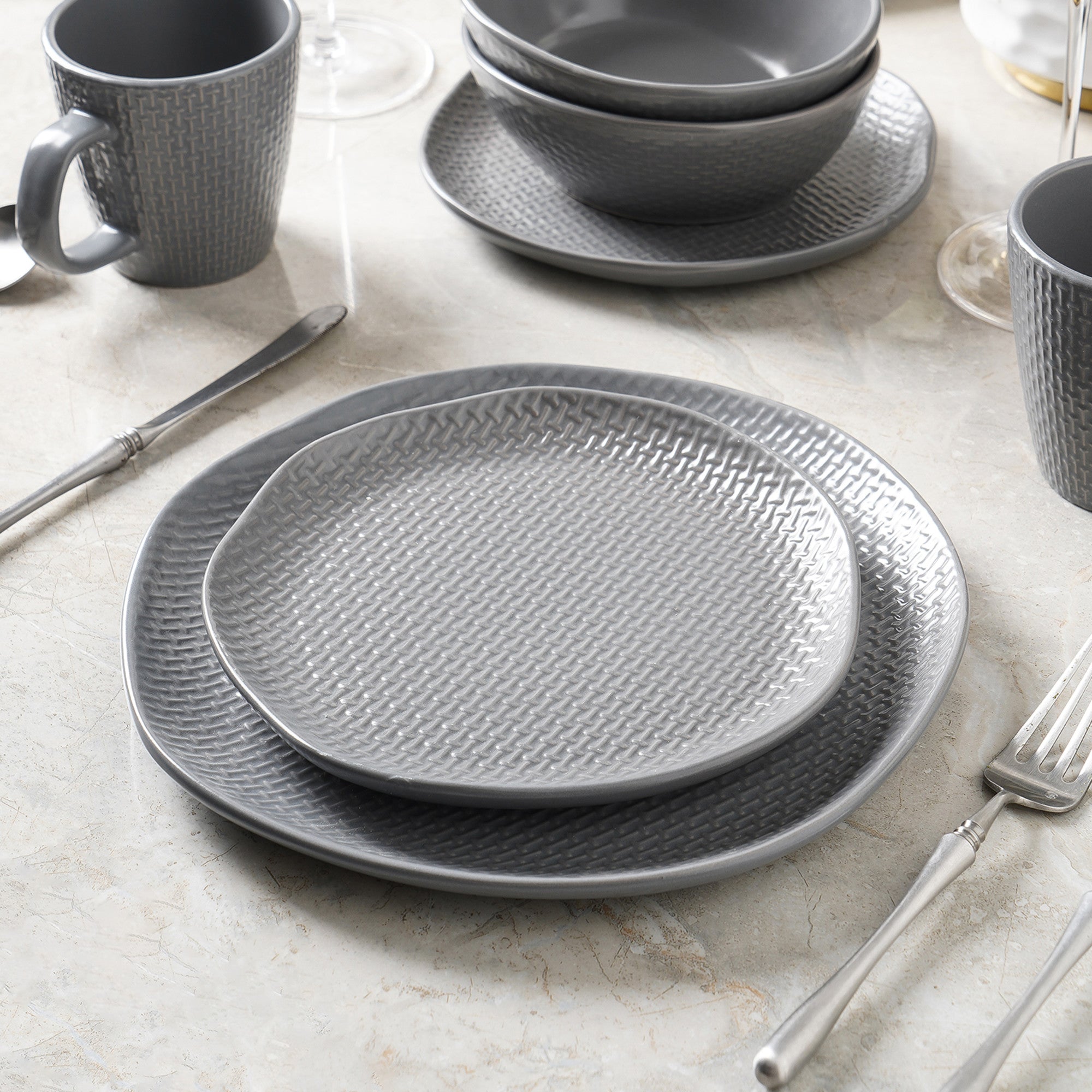 mercvo mercvoware Salad Plate - Gray: 4 - Piece mercvo with Embossed Basketweave, 8 - 10 Inches, Ideal for Casual & Formal Dining