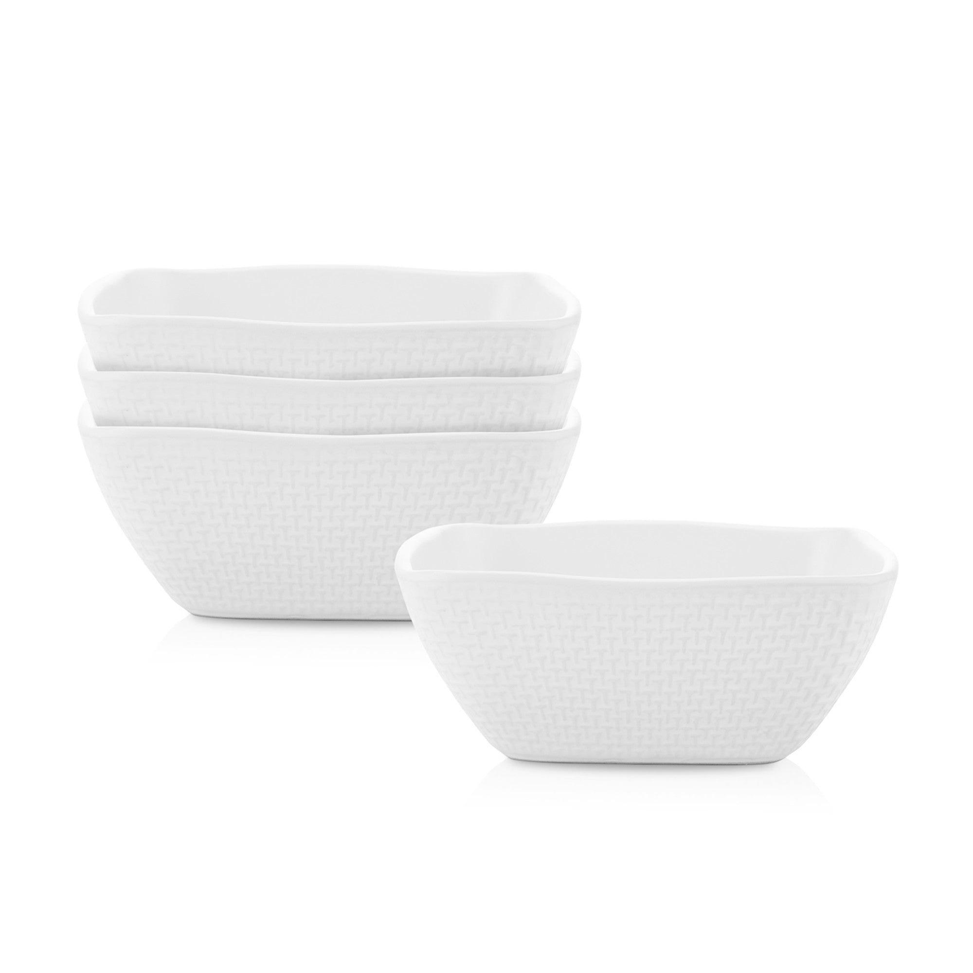 mercvo mercvoware Bowl - White mercvo of 4 Square Ceramic Bowls with Embossed Pattern, Microwave & Dishwasher Safe