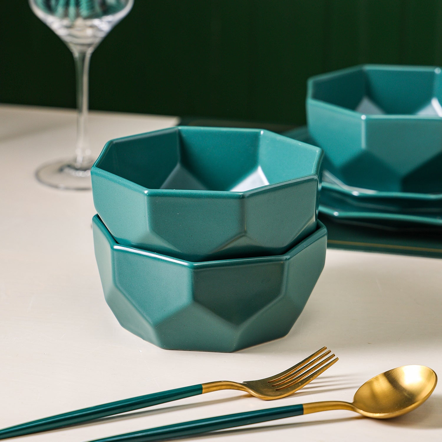 mercvo Porcelain Dinnerware mercvo - Green: Contemporary Teal Geometric mercvo for 4 or 8, Ideal for Everyday & Special Occasions