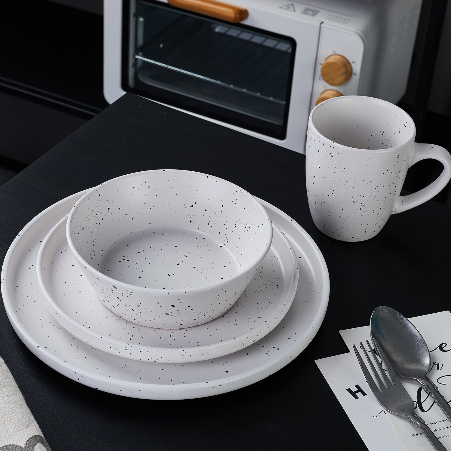 mercvo mercvoware Dinnerware mercvo - White: High - Quality, Stylish Dishware for 4 or 8 People with Unique Black Speckles and Complementary Silverware