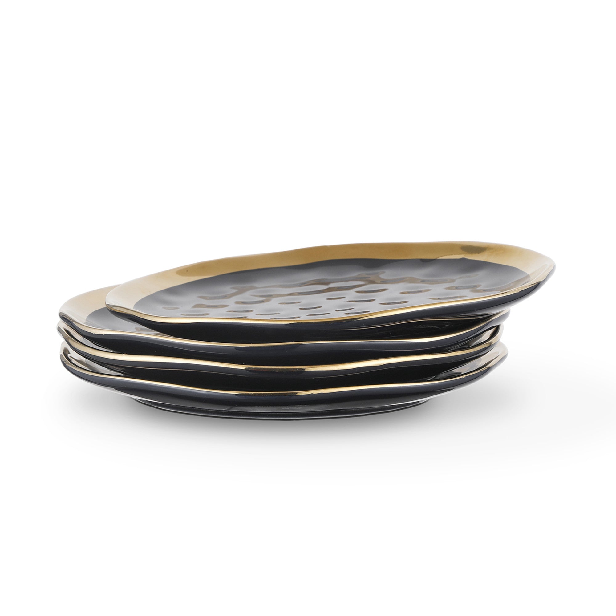 mercvo Porcelain Salad Plate - Black: mercvo of 4 High - Quality Ceramic Plates with Gold Rim and Hammered Texture for Elegant Dining