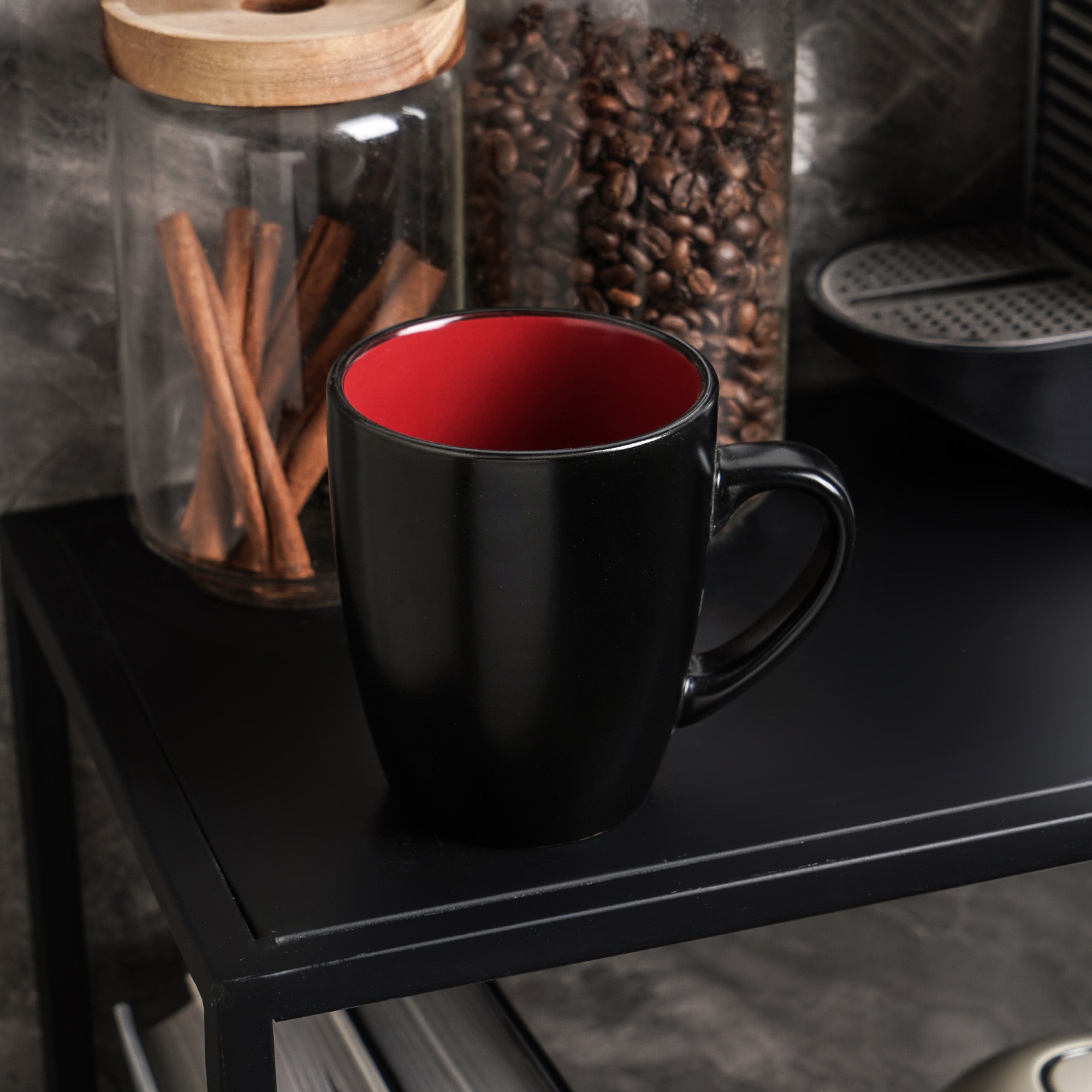 mercvo mercvoware Mug mercvo - Red And Black, 4 Mugs, 12 - 16 oz, Ceramic, Ergonomic & Stackable for Home, Office, Café