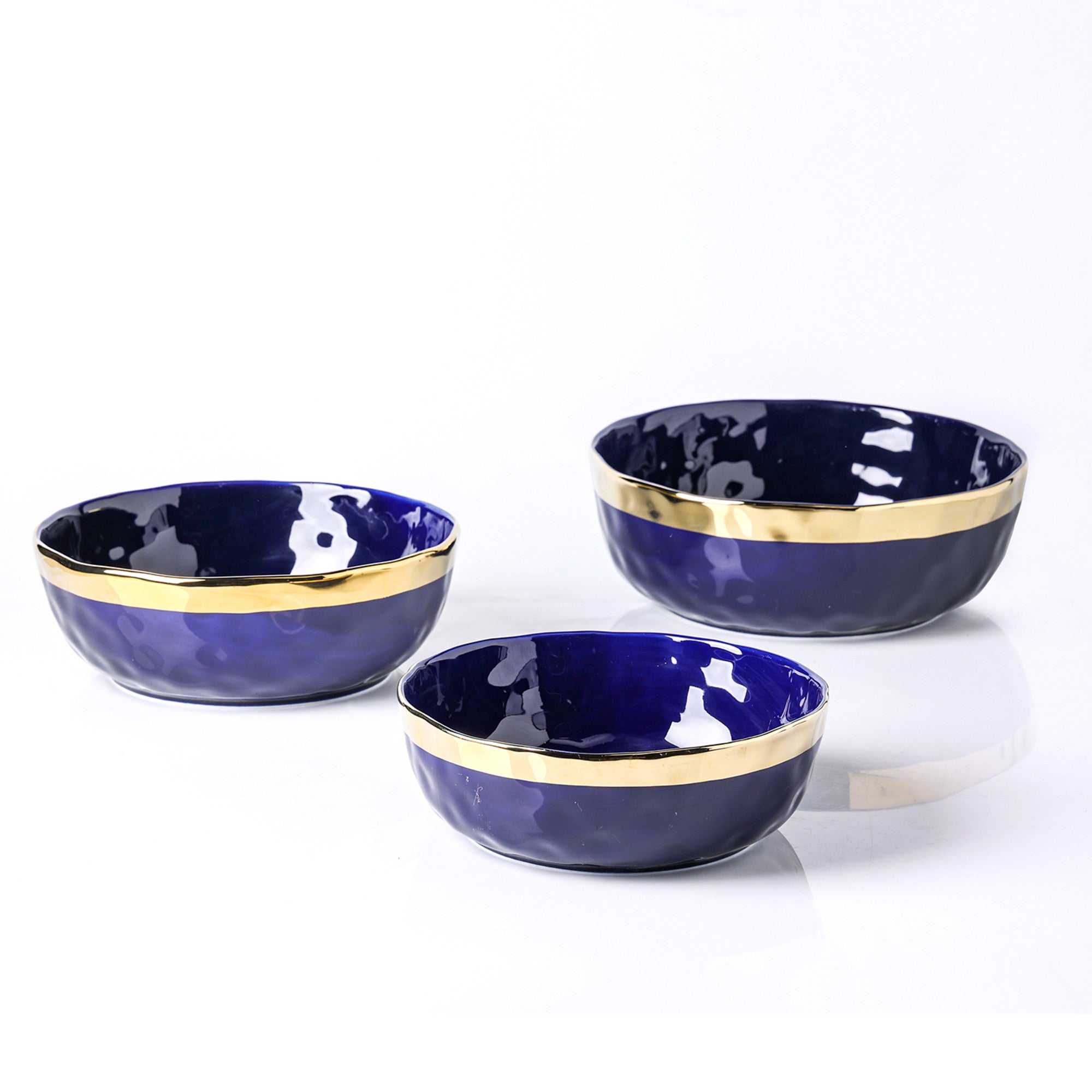 mercvo Porcelain Service Bowl mercvo - Blue #2: Nested Ceramic Bowls with Gold Rim for Dining & Decor