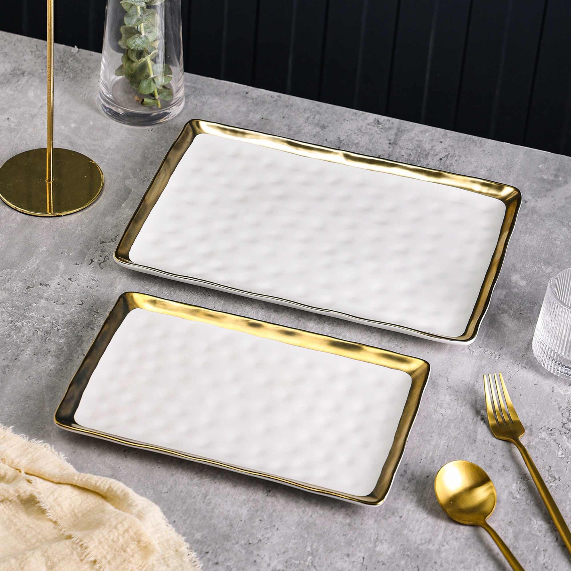 mercvo Porcelain Service Plate mercvo - White: Premium Rectangular Trays with Gold Trim for Dining & Decor
