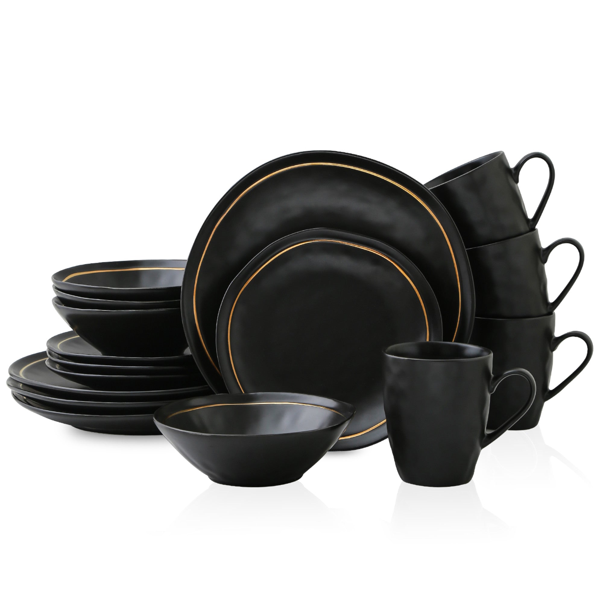 mercvo Porcelain Dinnerware mercvo - Black: Elegant Matte Black with Gold Trim, Service for 4 or 8, Ideal for Any Meal