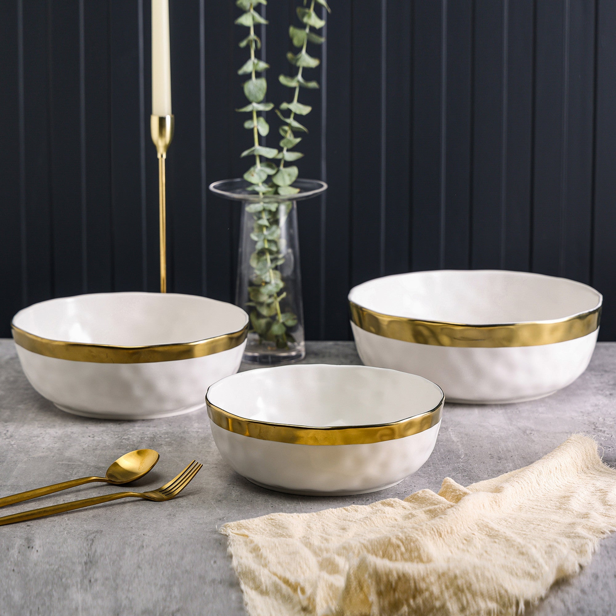 mercvo Porcelain Service Bowl mercvo - White #2: Nesting Ceramic Bowls with Gold Trim for Dining & Decor