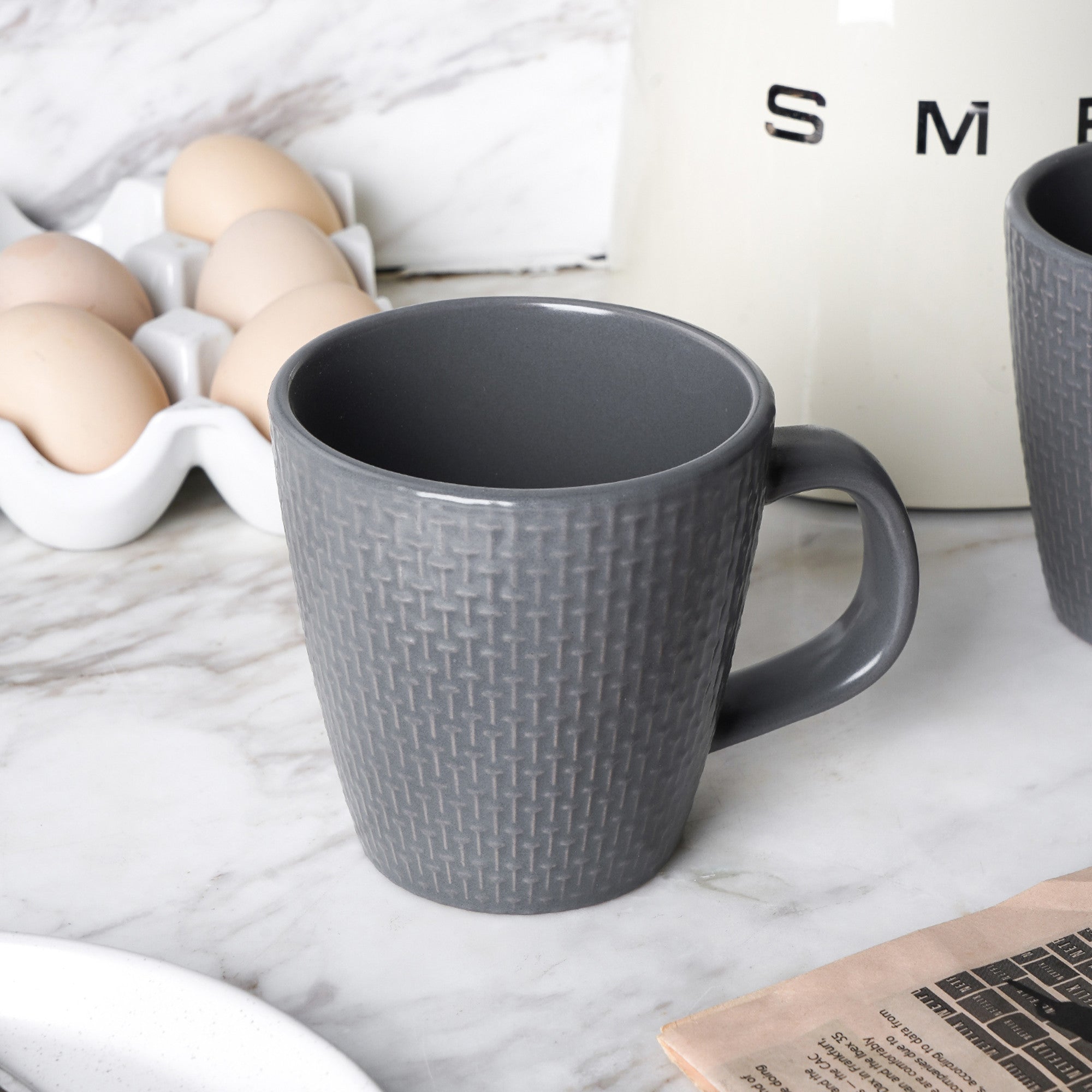 mercvo mercvoware Mug - Gray: High - Quality Ceramic Mug with Embossed Weave, Ergonomic Handle, and Stackable Design for Daily Beverage Use