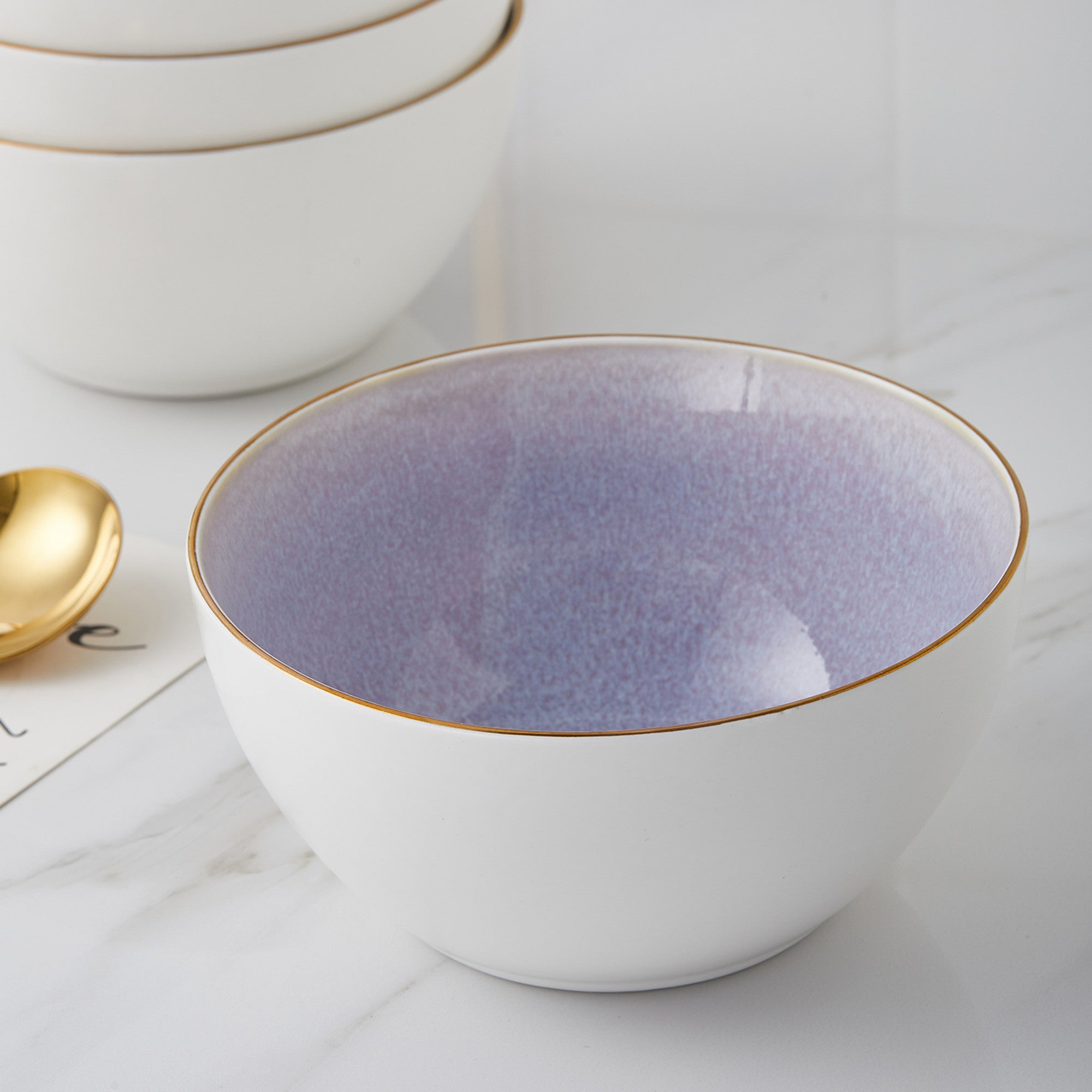 mercvo + Lain mercvo Porcelain Bowl - Lavender mercvo of 4 with Gold Rim, Ideal for Daily and Formal Dining